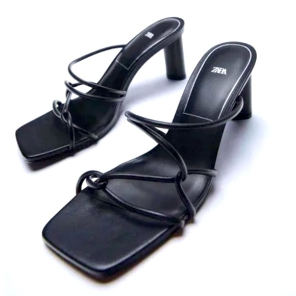 Zara Black Leather Strappy Block Heel Square Toe Mule Sandal Size 41 US 10 - Picture 1 of 11